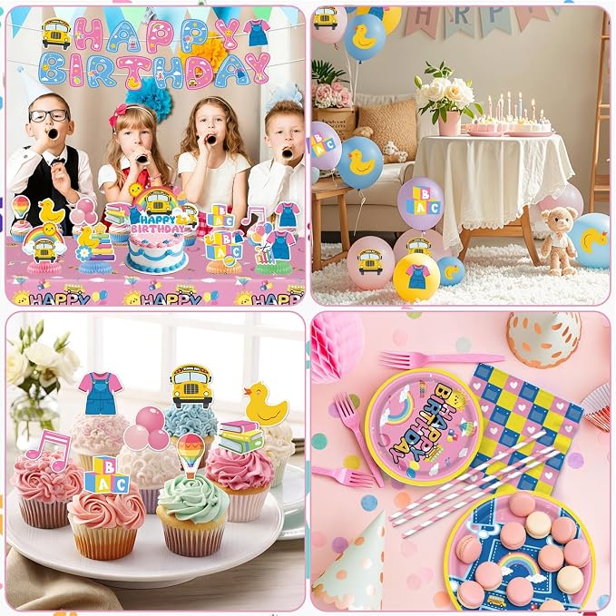 197pcs English Teacher Party Supplies, Cartoon Teacher Themed birthday party decorations with Tableware, Cake Decorations & Hanging Accessories, Serves 24 Guests