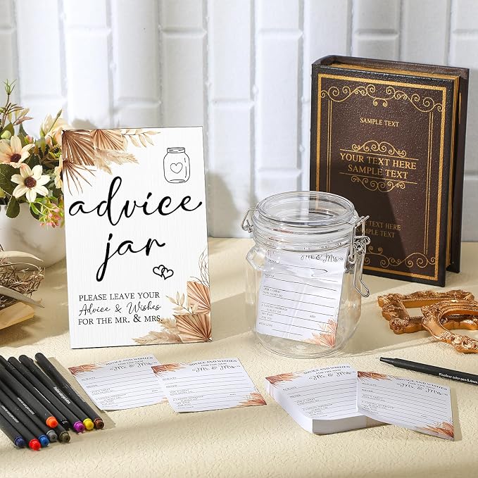Sintuff 114 Pieces Boho Theme Bridal Shower Decoration Include Advice and Wishes for the Mr and Mrs Wedding Sign with Holder 100 Advice and Wishes Cards 12 Pens PET Wedding Wish Jar for Guests
