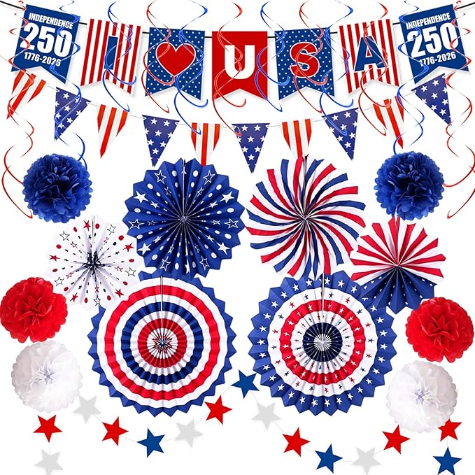4th of July Decorations 37PCS Patriotic Decorations Red White Blue Paper Fans USA Banner Hanging Swirls Pompom Star Streamer Set for Veterans Day 250th Anniversary Memorial Day