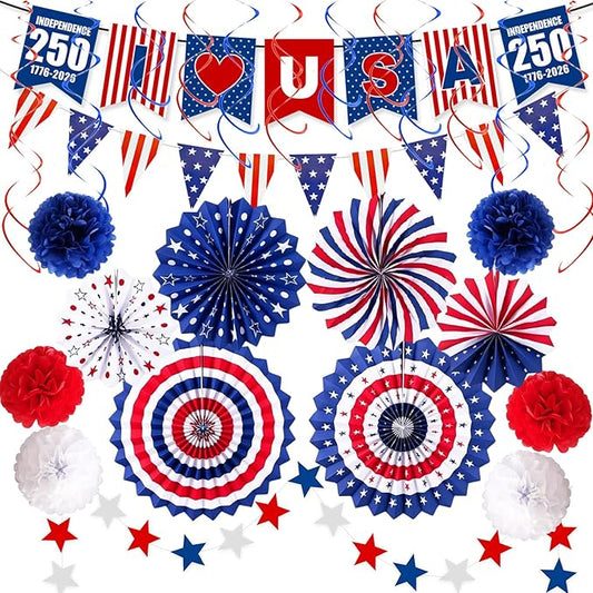 4th of July Decorations 37PCS Patriotic Decorations Red White Blue Paper Fans USA Banner Hanging Swirls Pompom Star Streamer Set for Veterans Day 250th Anniversary Memorial Day