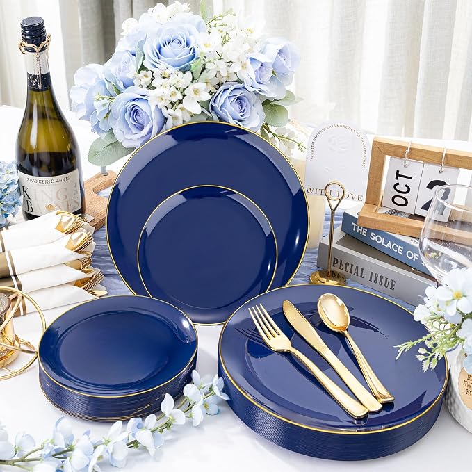 WDF 150pcs Blue plastic Plates - Navy Blue Plates Disposable 25guest Disposable Dinnerware Sets for Party/Wedding/Birthday