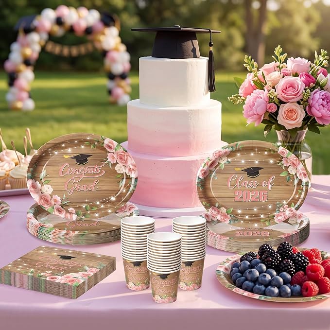 Vesici 150 Pcs Class of 2026 Graduation Party Supplies Floral Graduation Oval Paper Plate Napkin Cup 10'' x 12'' Rustic Heavy Duty Disposable Tableware Set for 2026 Congrats Grad Party Decorations