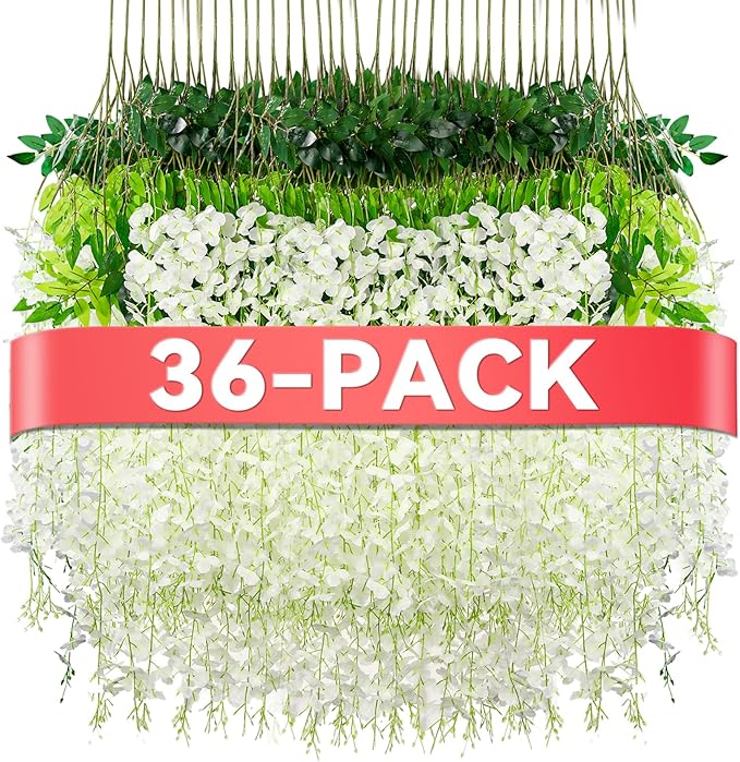 Alotiki Wisteria Hanging Flowers,36 Pack Fake Hanging Flowers,Wisteria Artificiales Garland for Home Wedding Arch Floral Party Garden Ceremony Outdoor Decor,3.6 Feet Long(36,White)