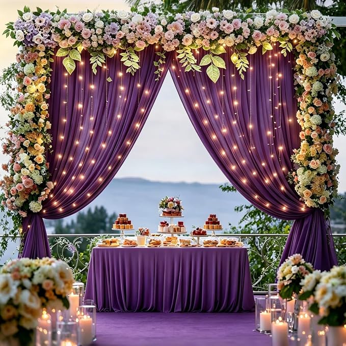 20 x 10ft Purple Chiffon Backdrop Curtain with Lights String for Parties,4 Panels Sheer Tulle Curtain Wedding Backdrop for Baby Shower Birthday Party Ceremony Reception Home Decorations