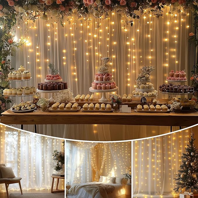 White Tulle Backdrop Curtain with Lights String 10x8ft Sheer Drapes for Wedding, Birthday, Baby Shower, Bridal Shower, Photo Booth, Party, Home Decor (2 Panels, White)