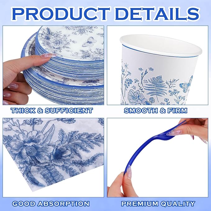 Kochorie 400 Pieces Blue and White Flower Disposable Party Tableware Sets Including Plates Cups Napkins Cutlery Serves 50 for Wedding Birthday Baby Shower Party Decorations