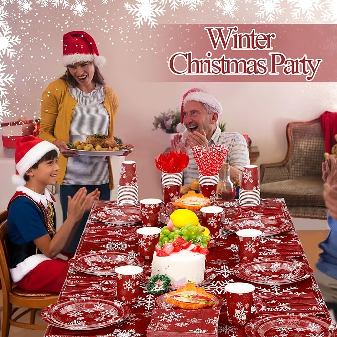 Funnymoom 452 Pcs Christmas Snowflake Party Supplies for 50 Guests, Red White and Sliver Snowflake Paper Plates and Napkins Cups Tablecloth Cutlery Straws for Winter Xmas Birthday Party Decoration
