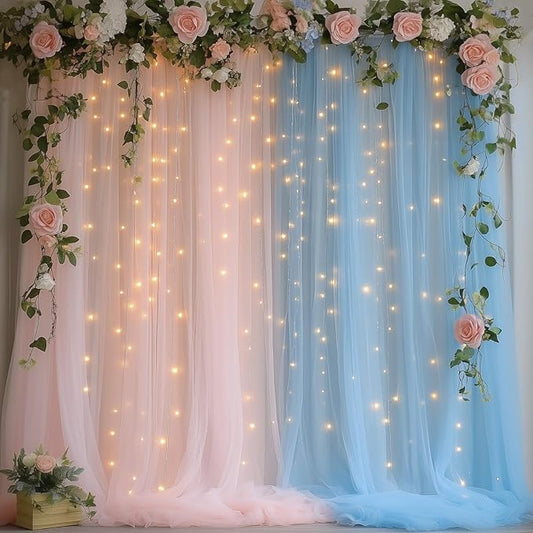 Pink and Blue Tulle Backdrop Curtain with Lights - 10x10ft Sheer Backdrop with 300 LEDs for Wedding, Baby Shower, Bridal Shower, Birthday Party Photo Shoot Background and Home Decorations