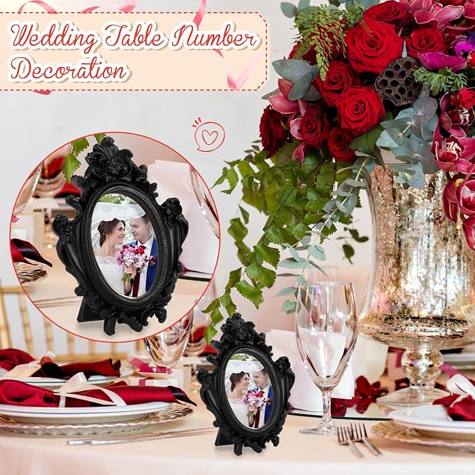 Maitys 40 Pcs Mini Picture Vintage Frames with Stands Tiny Antique Photo Baroque Ornate Resin Oval Frame Table Top Display Home Wedding Decor (Black)