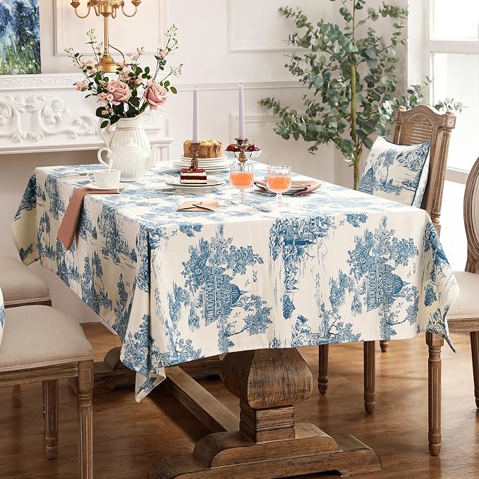 patdrea Elegant French Linen Tablecloth,Rectangular,87"x55"-Lucerne A | Vintage Elegant Table Cloth for Rectangle Table,Blue and White Chinoiserie Print,for Dining Room Tea Party Thanksgiving