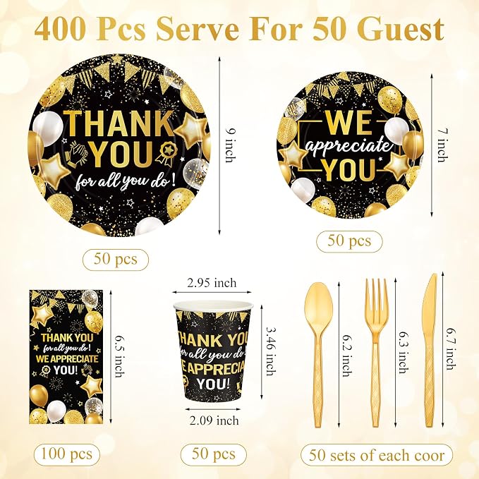 Funnymoom 400 Pcs We Appreciate You Party Supplies for 50 Guests Christmas Thank You Paper Plates Napkin Cup Fork for Teacher Employee Staff Xmas Doctor Appreciation Back to School Graduation
