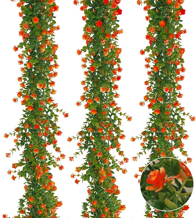 RECUTMS Faux Eucalyptus Garland Plant Fake Vines, Artificial Hanging Eucalyptus Leaves Greenery Vines Arch Kit Flower Green Garlands for Wedding Backdrop Wall Party Home Indoor Outdoor(Orange)