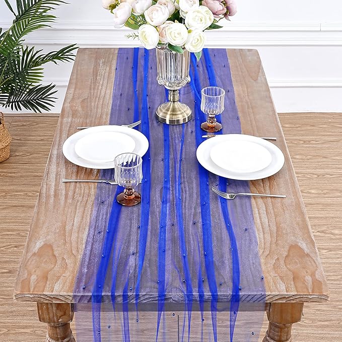 LuoluoHouse Pearl Tulle Table Runner Fabric: Dark Blue 10ft Wedding Veil Seasonal Dessert Chiffon Pearl Lace Boho Overlay Independence Day Wedding Aisle Runner Party Decorations Doilies