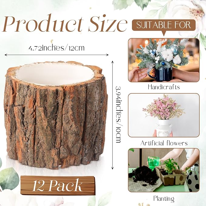 12 Pcs Wooden Vase for Centerpieces Wedding Flower Table Centerpieces Woodland Party Decor Rustic Farmhouse Bark Stump Buckets Vintage Planter Pots for Garden Baby Shower Window Home (Large)