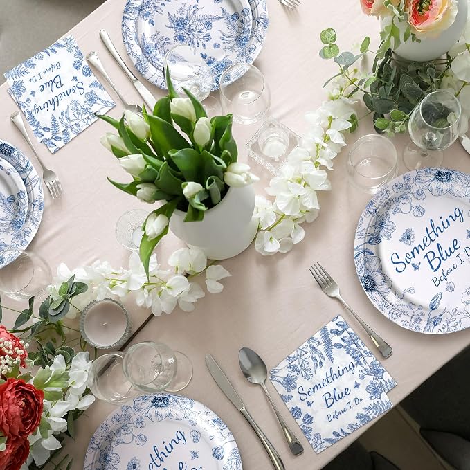 Zhehao 250 Pcs Something Blue Bridal Shower Plates Napkins Sets 50 Pcs 9'' Dinner Plates and 7'' Dessert Plate and 9oz Cups 100 Napkins Serves 50 Party Supplies Bridal Shower Engagement Decoration