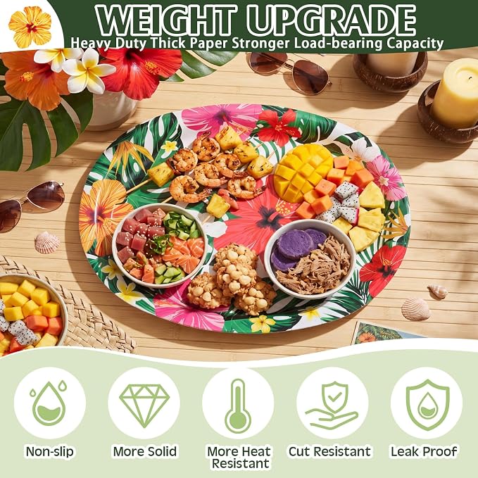 Pajean 350 Pcs Luau Tropical Party Supplies 12 in Disposable Hawaiian Luau Oval Plates and Napkins Palm Leaf Heavy Duty Paper Tableware Set for 50 Guests Summer BBQ Pool and Beach Party Decorations