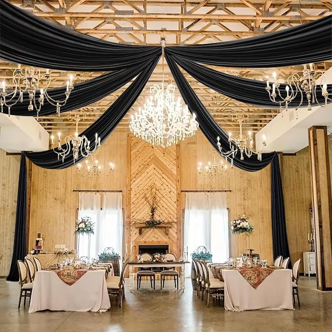 DUOBAO Black Chiffon Sheer Wedding Backdrop Curtains 5x20 FT - 6 Panels Tulle Drapes Fabric for Stage Tent Canopy, Birthday Arch Drapery, Photography Background with Rod Pocket