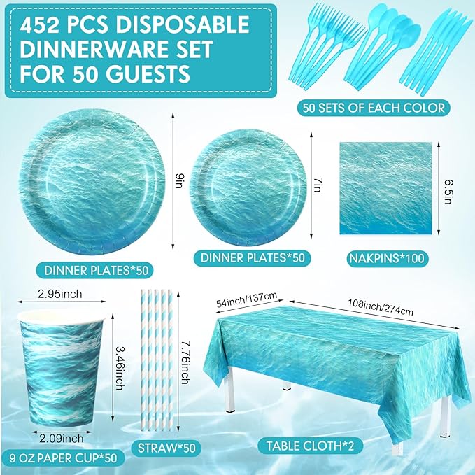 Funnymoom 452 Pcs Ocean Sea Birthday Party Decorations Include Ocean Waves Paper Plates Napkins Cups Tablecloth Cutlery Straws Sea Theme Party Supplies for Birthday Baby Shower