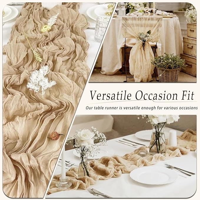 10 Pack Beige Cheesecloth Table Runner 17x108 Inch Semi Sheer Boho Rustic Gauze Cheese Cloth Table Runners for Wedding Party Birthday Baby Shower Home Décor