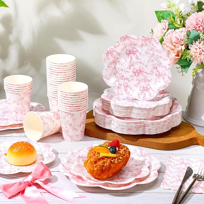 Newtay 250 Pcs Pink Bow Paper Plates and Napkins Coquette Valentine's Day Party Supplies Disposable Tableware Set for 50 Guests Pink Bow Paper Plates Napkins Cups for Baby Shower Birthday Decoration