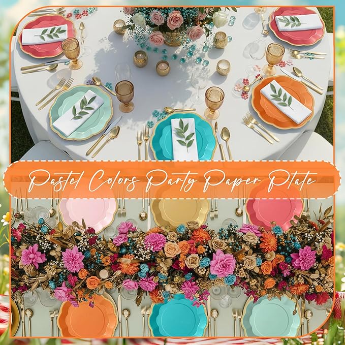72 Pcs Colorful Coral Paper Plates 9 Inch Pastel Rainbow Gradient Scalloped Paper Disposable Dinner Dessert Plates for Birthday Wedding Bridal Party Supplies, 6 Colors