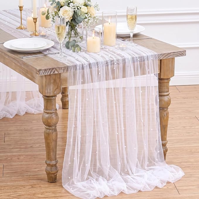 Pearl Gauze Table Runner Tulle Centerpieces Fabric: White 10ft Wedding Veil Seasonal Dessert Chiffon Pearl Lace Boho Overlay Farmhouse Wedding Aisle Runner Party Decorations Doilies