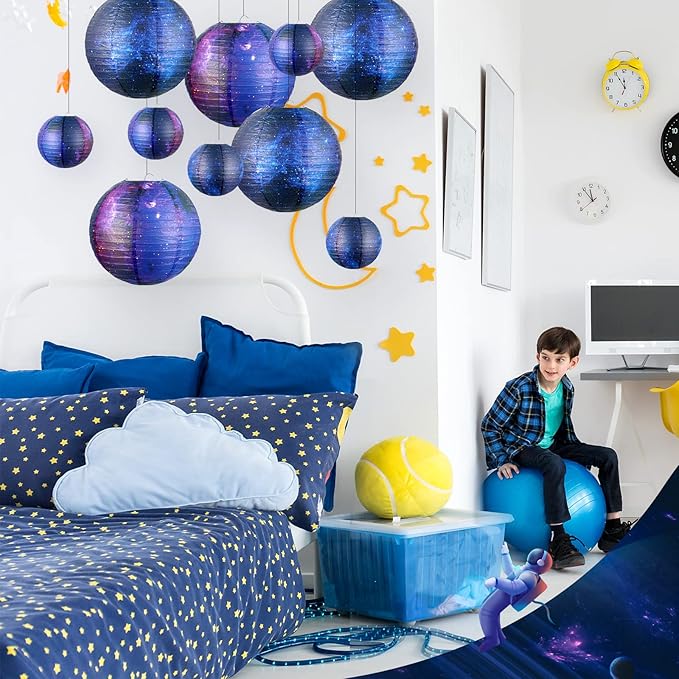 10 Pieces Galaxy Print Paper Lanterns Chinese Japanese Space Themed Hanging Paper Lanterns Galaxy Themed Party Supplies Ceiling Decor for Home Birthday Party Decor(12 Inch/ 6 Inch)