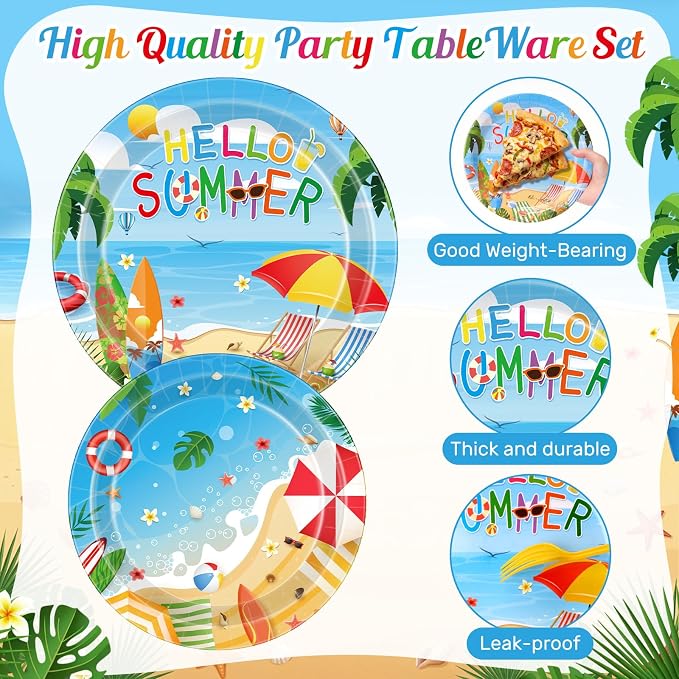 Pickmesh 250 Pcs Hello Summer Plates Napkins and Cups Beach Party Decorations Hawaiian Tropical Disposable Paper Tableware Set for 50 Guests Summery Ocean Pool Luau Birthday Party Supplies