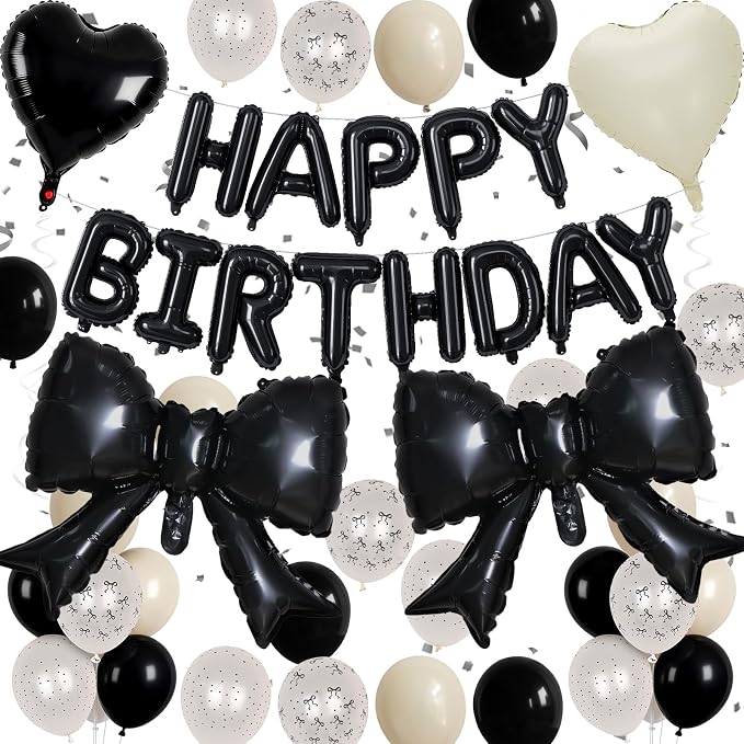 Black White Bow Birthday Decorations Black Sand White Cream Pearl Polka Dot Bows Print Balloon Happy Birthday Banner 38 In Coquette Foil Balloons Heart Balloon for Women Men Bday Party Supplies