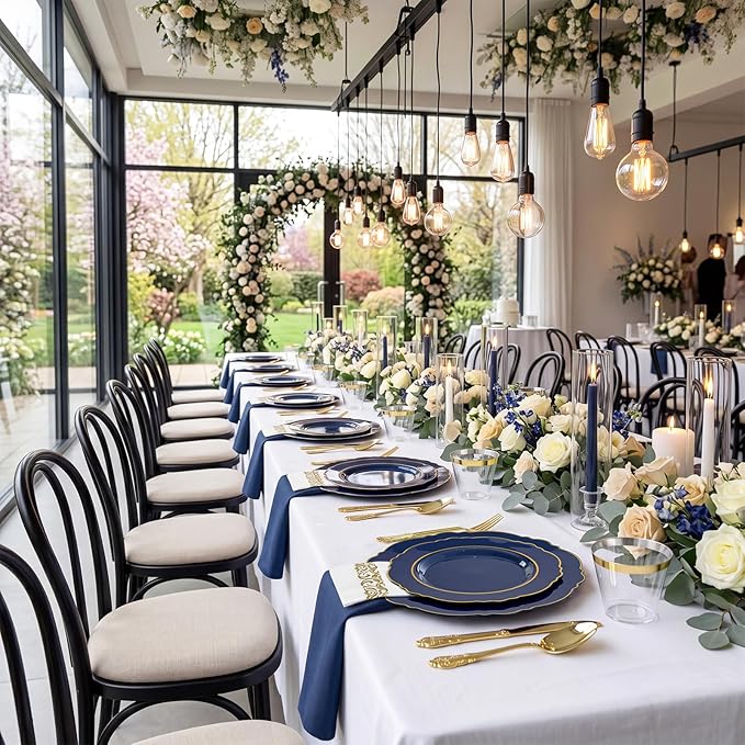 KIRE 210Pcs Navy Blue Plastic Plates - Blue and Gold Plates Disposable - 30guest Baroque Plastic Dinnerware for Upscale Wedding/Parties/Passover/Graduation