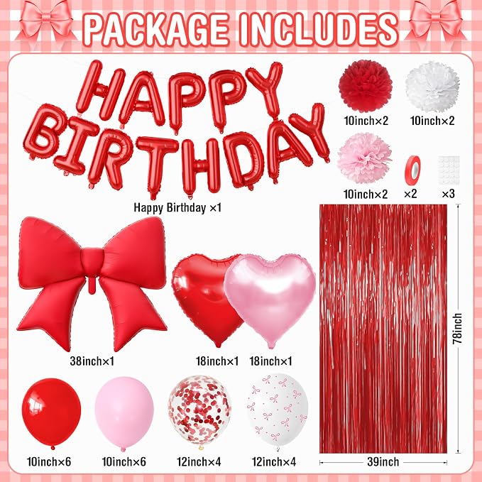 Red Pink Bow Birthday Decorations for Women Girls, Happy Birthday Balloon Banner with Bow and Heart Foil Balloons Fringe Curtain Tissue Paper Pompoms Garland Party Supplies
