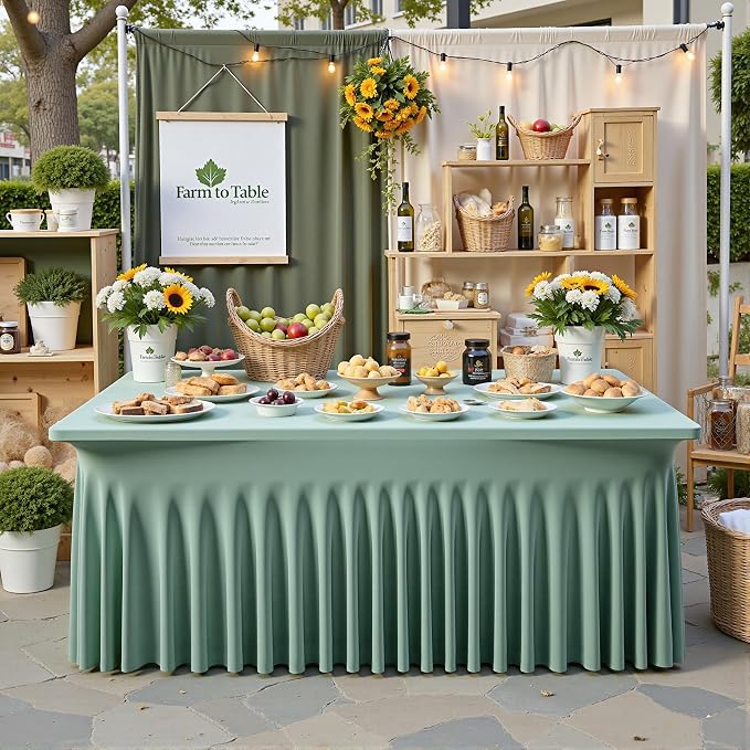 NSSONBEN 2 pk Sage Green Spandex Tablecloth for 8 Foot Rectangle Tables,Wrinkle Free Fitted Spandex Table Covers 8ft Stretch Table Cloths with Ruffle Skirt for Parties Weddings Banquet Baby Shower