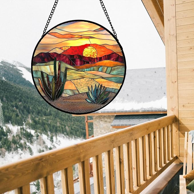 DASTOLL Stained Glass Window Hanging, Golden Landscape Dusk Sunset Suncatcher for Doors Window Home Cactus Sun Catchers Decoration Mother's Day Birthday Gifts for Women, Men, and Mom 15 in