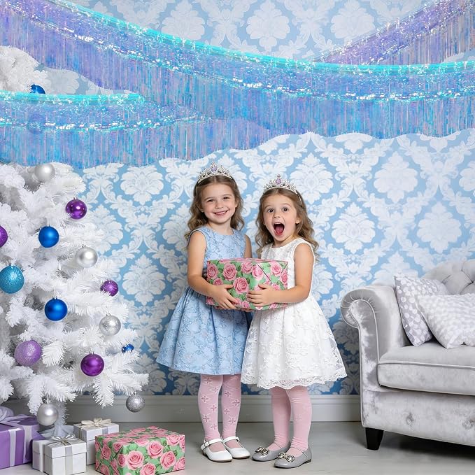 LOLStar Iridescent Blue Foil Fringe Tinsel Garland Streamer Banner, 6 Pack | 60Ft Tinsel Streamers, Shiny Iridescent Blue Wall Hanging Tinsel Fringe Banners for Mermaid, Snow, Sea, Unicorn Party Decor