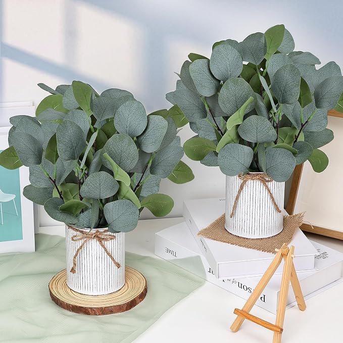 Eucalyptus Table Centerpieces - Set of 6 Artificial Greenery Plants with Farmhouse Metal Vase for Home Kitchen Decorations