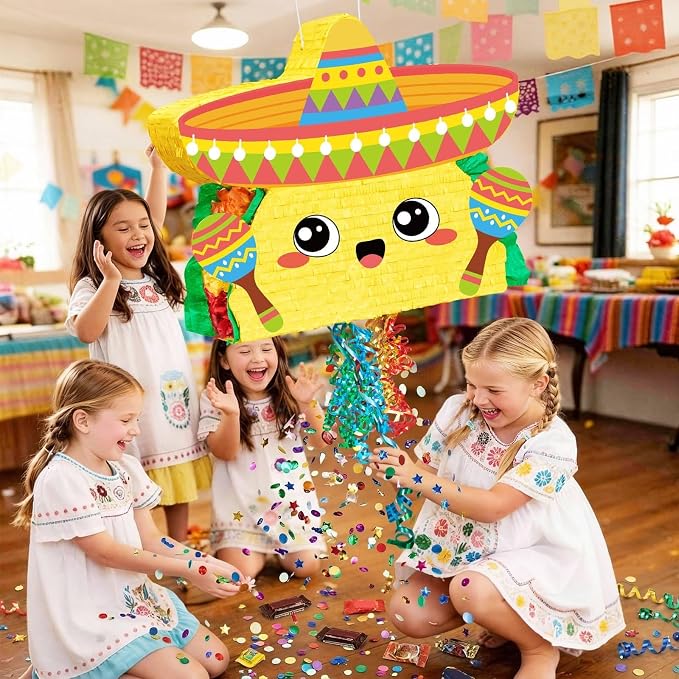 WERNNSAI Large 21" Taco Piñata - Cinco De Mayo Fiesta Theme Taco Piñata with Blindfold and Bat for Mexican Birthday Party Decorations Carnivals Festivals Supplies