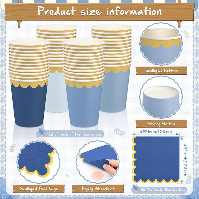 Mimorou 342 Pcs Dusty Blue Party Supplies Blue Tableware for 48 Guests Paper Disposable Plates Napkins Cups Plastic Tablecloth Navy Triangle Banner for Wedding Graduation Birthday