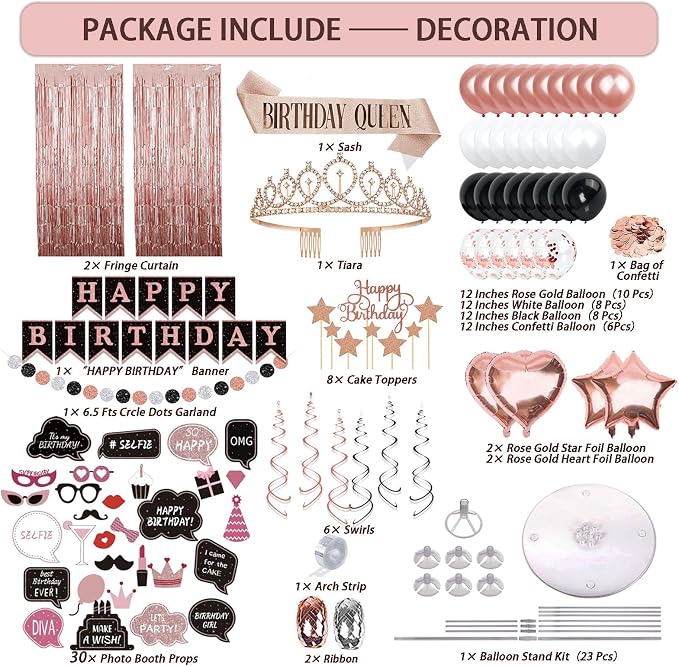 UJoyant Birthday Decorations For Women, 229 Pcs Rose Gold and Black Happy Birthday Supplies - Disposable Dinnerware Set with 25 Guest, Balloons, Sash, Tiara, Banner, Fringe Curtain, Photo Booth Props