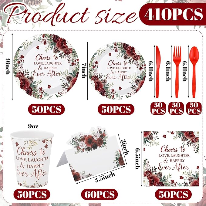 Shellwei 410 Pcs Rose Floral Wedding Paper Plates and Napkins Disposable Cheers to Love Tableware Set Red Floral Bridal Shower Party Supplies with Cups Knives Forks Spoons Seat Cards for 50 Guests