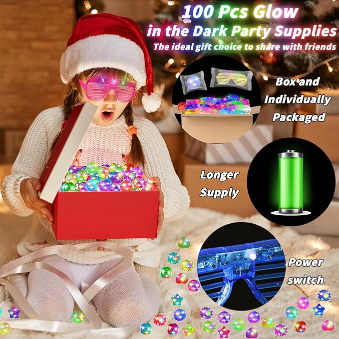 100 Pcs LED Light Up Party Favors Bulk Glow in the Dark Glasses Rings 10 Color LED Glow Glasses Neon Sunglasses 6 Style Finger Lights Flashing Ring for Birthday Wedding Neon Party Decor