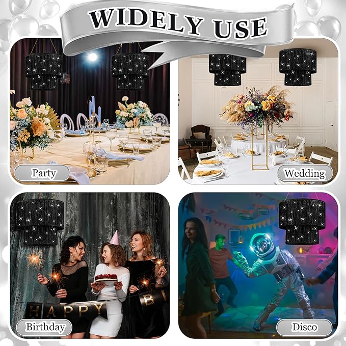 Novabright 2 Pcs 2 Tier Fringe Tinsel Chandelier Foil Iridescent Tassels Trim Shiny Hanging Disco Ball Ceiling Decor for Wedding Anniversaries Birthday 1920s Themed Party(Black)