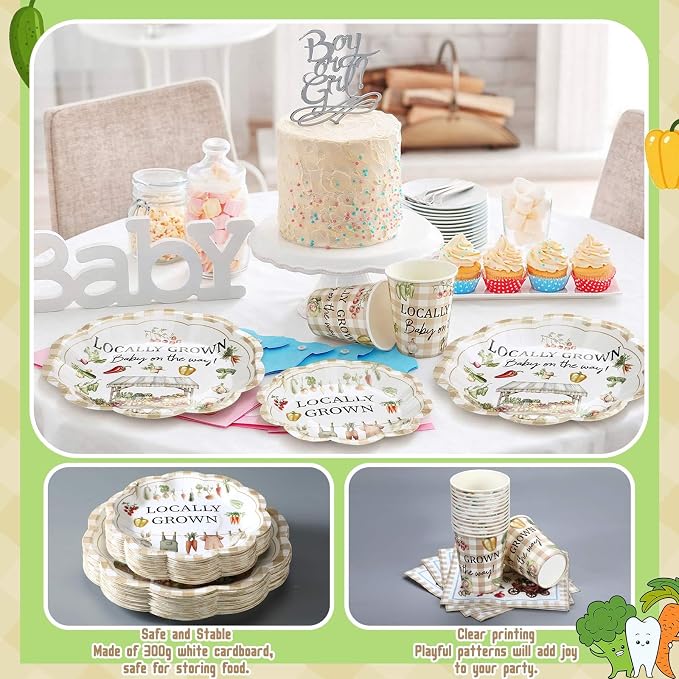 Newtay 250 Pcs Locally Grown Baby Shower Disposable Plates and Napkins Farmers Market Disposable Tableware Set for 50 Guests Vegetable Theme Paper Plates Napkins for Birthday Baby Shower Supplies