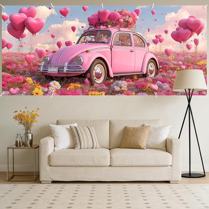 Pink Beetle Garage Door Banner Cover 7x16FT Waterproof – Love Car & Heart Balloons Backdrop with Floral,Indoor Outdoor Decor for Mother's Day,Wedding,Proposal & Photo Booth