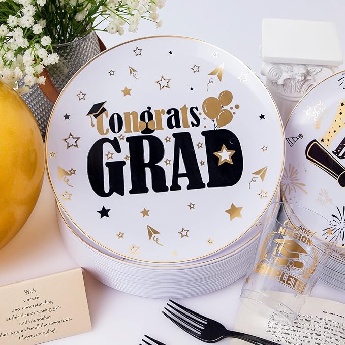 Liacere 150PCS Graduation Plastic Plates - Disposable Black and Gold, Graduation Party include 50Plates 25Knives 25Forks 25Spoons 25Cups