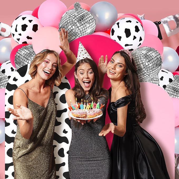 Foilswirl 34 Pieces Disco Cowgirl Party Decorations Cowgirl Arch Covers 4ft 5ft 6ft Pink Spandex Backdrop Covers Hot Pink Silver Balloon Disco Foil Balloons for Birthday Bachelorette Wedding Party