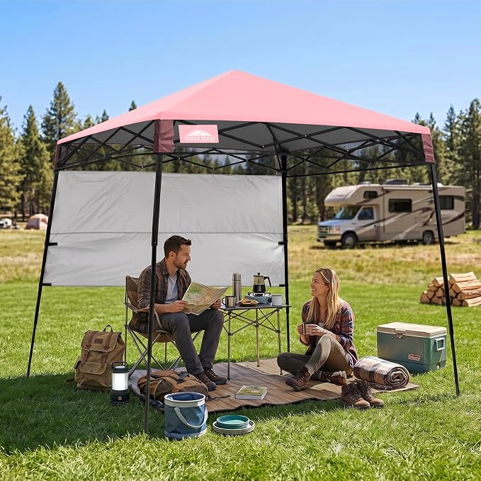 EAGLE PEAK 8x8 Pop Up Canopy Tent with Sidewall, Compact, Portable Slant Leg Instant Sun Shelter for Beach, Sports, & Camping, 8x8 Base 6x6 Top, Tender Pink