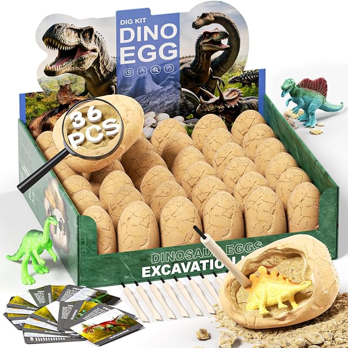 Uregoio 36-Pack Dinosaur Eggs Dig Kit, Surprise Dinosaur Eggs Excavation Kit with Magnifier, Science STEM Toys for Kids, Easter Basket Stuffers Birthday Party Favors & Gifts for Boys Girls Ages 3-12