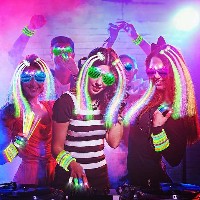 SHQDD 158 PCS Glow in the Dark Party Supplies, 14PCS LED Glasses, 30LED Finger Lights,14LED Light Hairs and 100PCS Glow Sticks Bracelets, Neon Party Favors for Wedding, Concert, 4th of july, Halloween