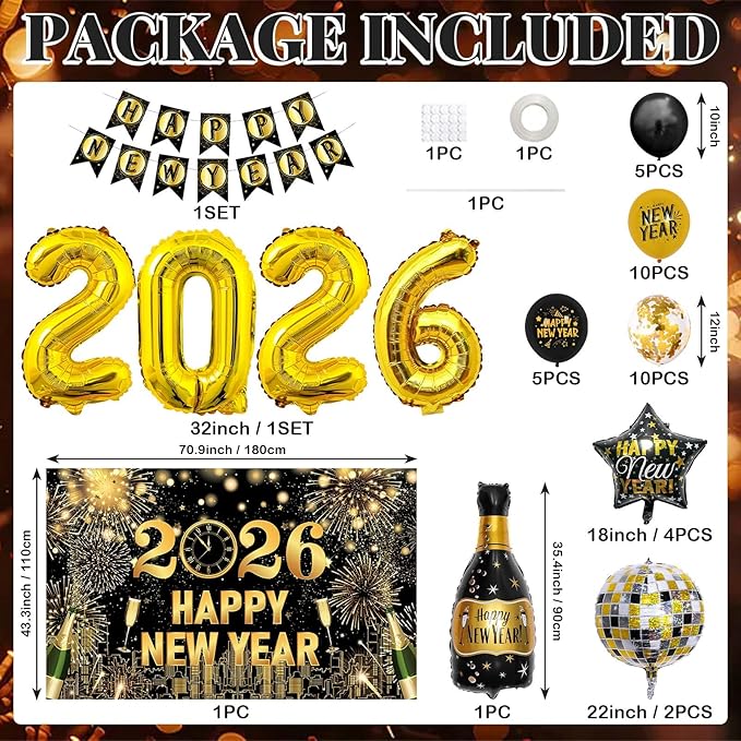 New Years Decorations Party Supplies 2026 40PCS Happy New Years Eve Balloons Decorations for 2026 Photo Props Party Background Black and Gold Balloons Banner Hats Glasses (Black)