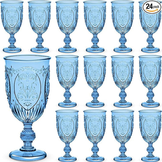 Wiwiqing 24 Pcs Plastic Goblets 7.5oz Vintage Goblet Plastic Wine Glasses Colored Retro Embossed Water Goblets for Wine Bar Juice Baby Shower Wedding Reception Grand Event Party (Royal Blue)